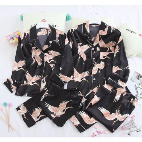 Couple Print Retro Crane 2PCS Shirt &Pant Pajamas Sets Sexy Bride Wedding Pyjamas Rayon Sleep Suit Lingerie Sleepwear Nightwear