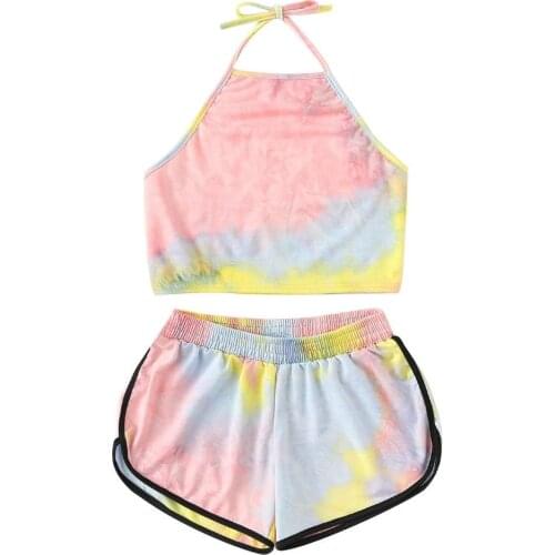 Pant Sets Women 2Pcs/Set Summer Women Leisure elegance Tie Dye Halter Suit Sleeveless Backless Crop Top Shorts Womens Clothing