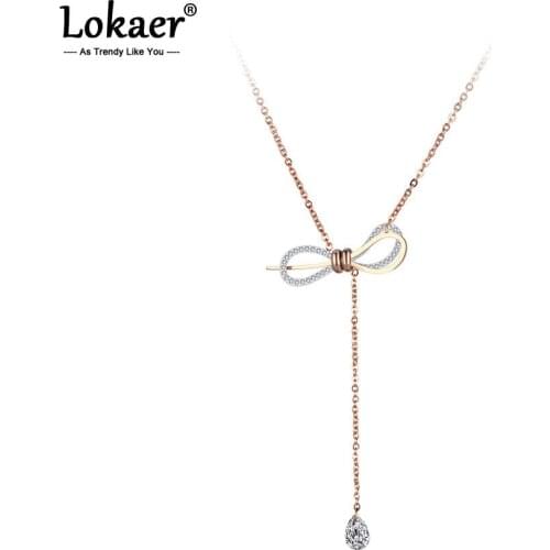 Lokaer Trendy AAA CZ Crystal Three-dimensional Bowknot Necklace Stainless Steel Wedding Neckalce Jewelry For Women Gifts N19037