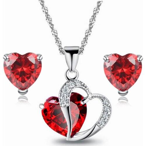 MULTICOLOR CRYSTAL PENDANT NECKLACE &STUD EARRINGS SET FOR WOMEN RUBY AMETHYST GEMSTONES DIAMONDS WEDDING PARTY JEWELRY GIFT