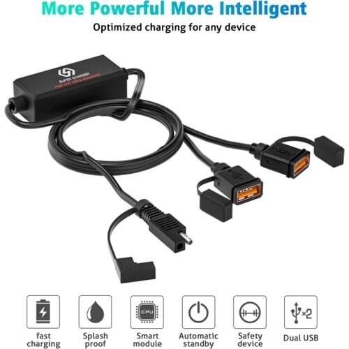 Motorcycle 10V-24V DC Dual USB Charger SAE to USB Adapter Cable Kit, Waterproof Dual USB Ports QC3.0 Fast Charger