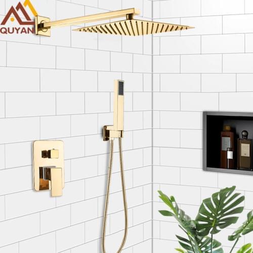 Quyanre Wall Mount Golden Shower Faucets Set Ultrathin Rainfall Gold Shower Hot Cold Water Mixer Tap Bathroom Gold Shower Kit