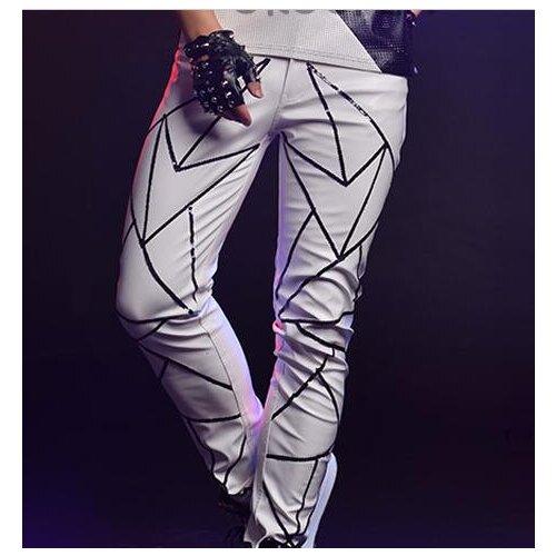 New Arrivals Mens Fashion Casual White Pants Geometry pattern Leather pants Stage show performance trousers Dance equipment