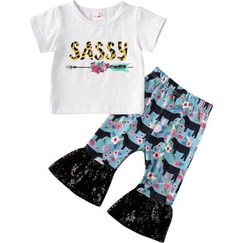 0-3Y Toddler Kids Baby Girls Clothes Sets Letter Floral Print T-shirt Top+Sequined Flare Long Pants Clothes 2PCS Outfits Set