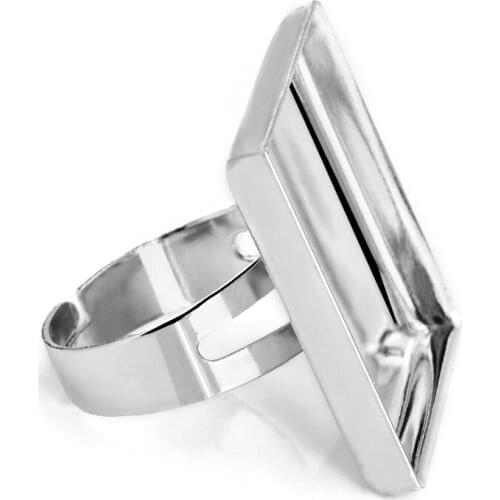 Rhodium Plated Adjustable 25 MM Square Bezel Cameo Glass Cabochon Ring Base Blanks Setting For Wholesale 10pcs