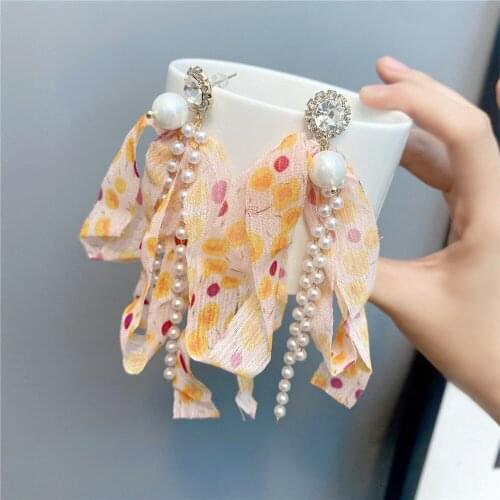 Rainbow Polka Dot Bowknot Drop Earrings for Women Faux Pearls Cross Knotted Hanging Earrings