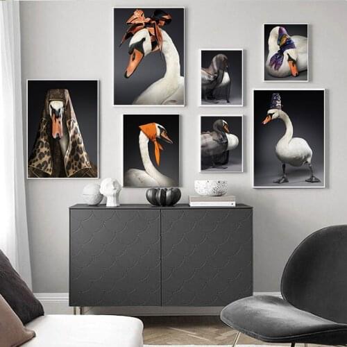 Nordic Fashion Swans Silk Model Modern Canvas Print Poster Wall Art Rural Bird Painting Antique Cattails Nouveau Picture Decor