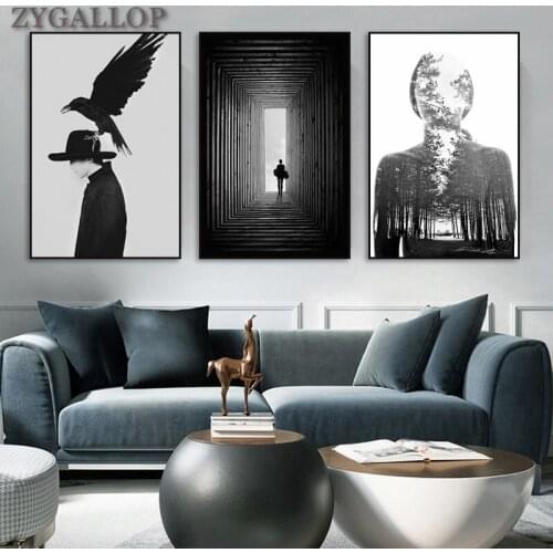 Nordic Decor Wall Art Crow and Man Canvas Painting Black and White Posters and Prints Wall Pictures for Living Room Decoration