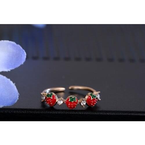 Sweet Crystal Fruit Red Strawberry Adjustable Rings for Women Girls Fashion Finger Rings Party Jewelry Gifts