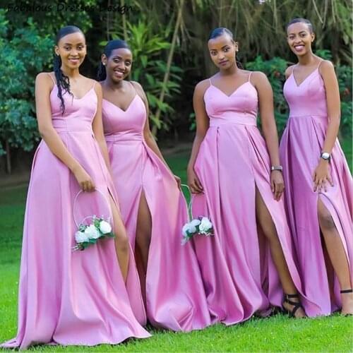 Sexy Split V-neck Bridesmaid Dresses Long A Line Spaghetti Strap Wedding Party Dress For Black Girls 2021 Vestidos