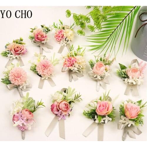 YO CHO Wedding Wrist Bracelet for the Bridesmaids Silk Groomsmen Boutonniere Pin Flowers Wedding Witness Marriage Men Corsages