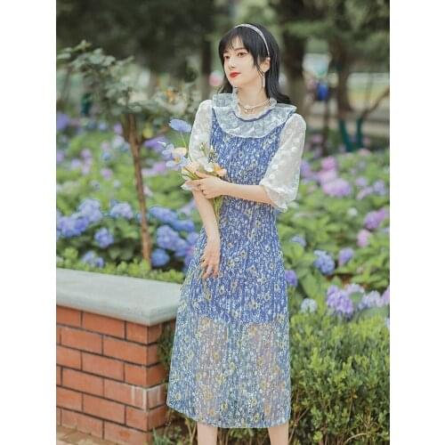 Dresses for women 2021 Elegant Fashion Puff Sleeve Floral Summer Sweet Retro Dress Vestido de mujer