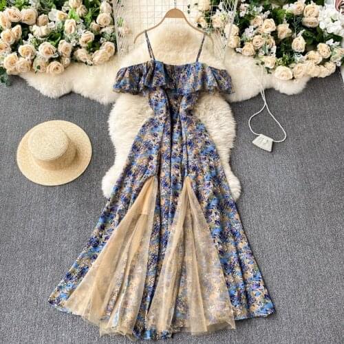 Patchwork Mesh Spring Summer Floral Women Dresses Sexy Strapless Slim Ruffled Seaside Holiday Dresses Print Slash Neck Dresses