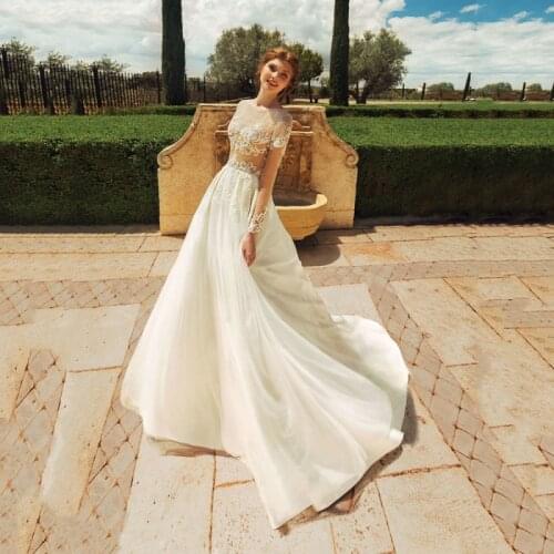 Fanweimei A-Line Wedding Dress Scoop Neckline Long Sleeves Lace Appliques Bridal Gowns Sexy See Through Brides Dress Customized