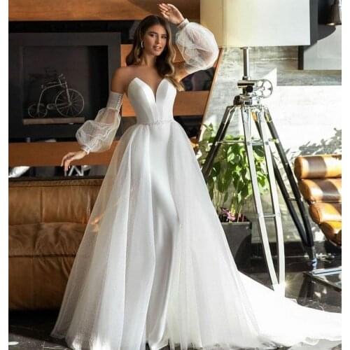 Elegant Long Sleeve Mermaid V-Neck Wedding Dresses Ivory Lace Up Back Tulle Robes De Mariée Bridal Gown For Women