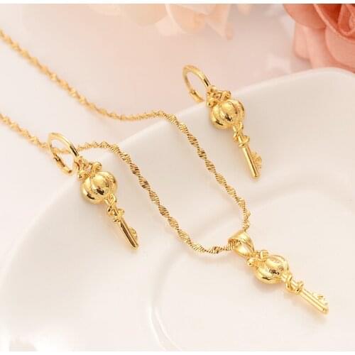 Gold Dubai India Bridal Jewelry Sets crown key Earring pendant necklace Jewelry Sets for Women girls wedding Christmas kids gift