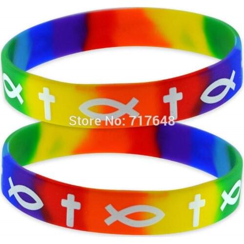 100pcs rainbow symbol cross fish wristband silicone bracelets free shipping by epacket A