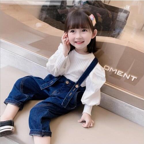 2021 Korea style girls 2 pcs set puff sleeve t-shirt+denim overalls fashion autumn girls suit 2-7t B620