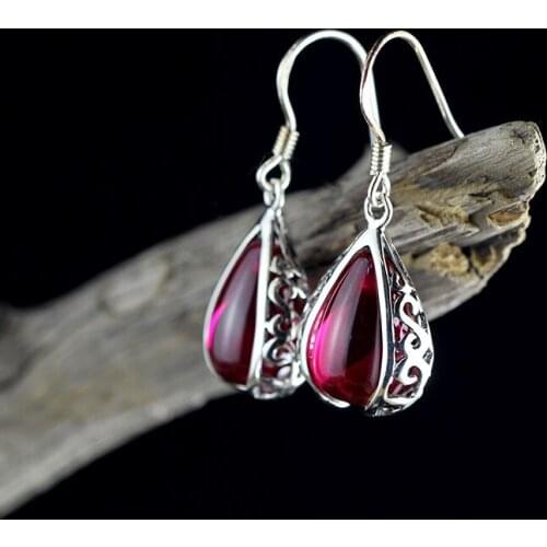 925 Sterling Silver Drop Earrings Hooks Hollow Flower Deisgn Natural Gemstone Brincos Vintage Ruby Jewelry