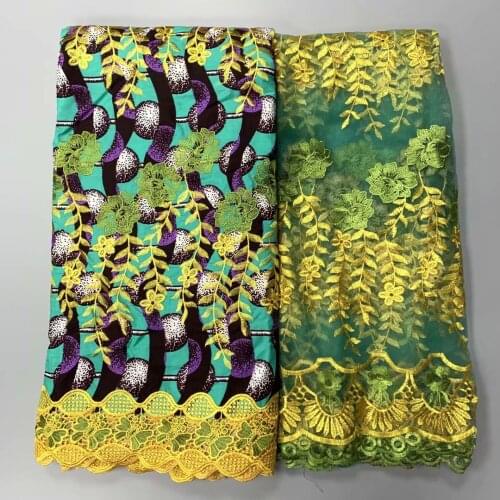 African Wax Fabrics 2021 High Quality Lace Cotton Ankara Wax Prints Fabrics Latest Nigerian Tulle Net Lace Scarf 6+2yards