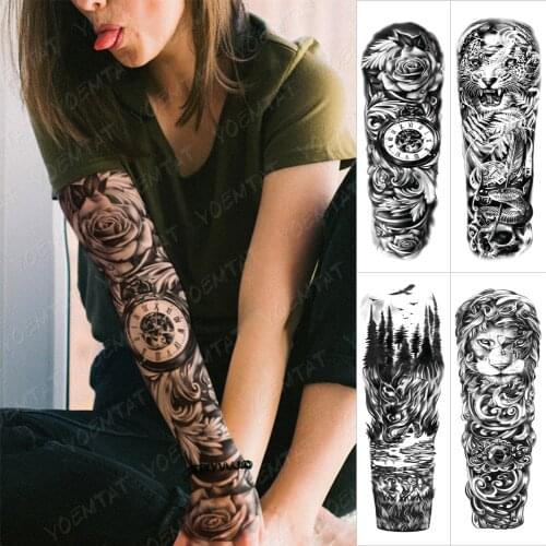 Large Arm Sleeve Tattoo Rose Flowers Clock Waterproof Temporary Tatto Sticker Pocket Watch Time Body Art Full Fake Tatoo Women