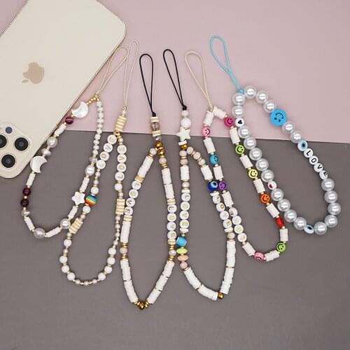 Shinus White Beads Phone Case Chain Strap Mobile Lanyard Charm Pearls Telephone Jewelry Polymer Clay Beaded Cord Accessories