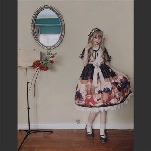 Dessert House Sweet Womens Lolita OP Dress Short Sleeve Long Sleeve Dress Cute Puffy Sleeve Lace Bows Trim Dress One Piece