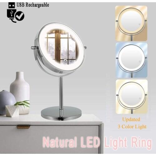 Double Sided Vanity Mirror with Light, 10X Magnifying LED Makeup Mirror, Touch Dimmer, Tabletop Mirror, USB Rechargeable