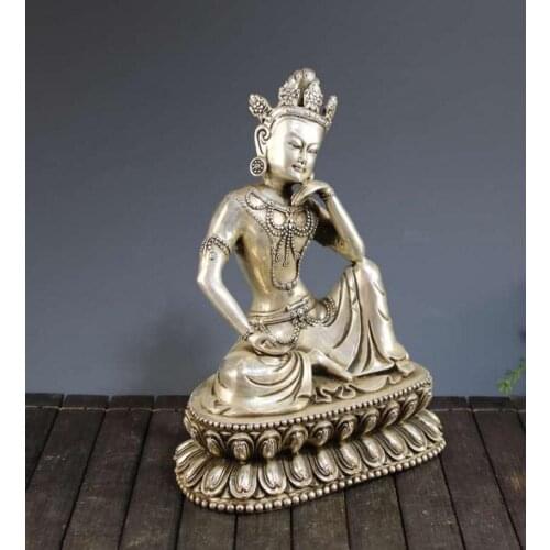 Copper Statue Brass silver plated cross legged hand raised Guanyin home decoration