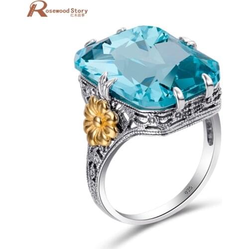 Fashion 925 Sterling Silver Rings Gold Color Flower Sky Blue Crystal Engagement Ring For Women Wedding Jewelry Birthstone Rings