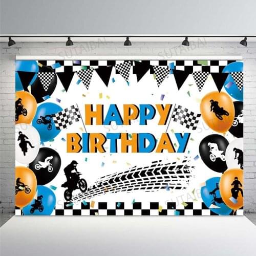 Motocross Happy Birthday Backdrop for Boy Kid Party Banner Dirt Bike Racing Tire Track Photo Booth Favors Photography Background