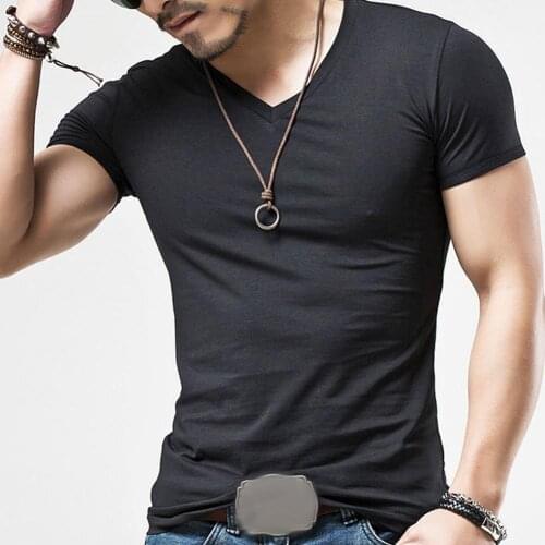 Men Plus Size T Shirt Summer Basic Top Solid Color Short Sleeve V Neck Slim Fits T-Shirt camiseta masculina футболка мужская