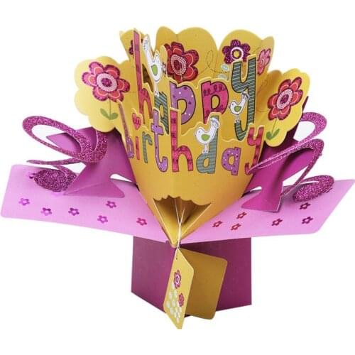 PPYY NEW -3D Happy Birthday with Flowers Pop Up Greeting Card Handmade Gift Card for Birthday Blessing Card
