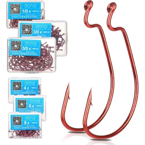 DONQL 50pcs/ Set Wide Crank Fishing Hooks Offset Carp Fishhook 5/0#-1# For Soft Worm Lure Red Silver Bass Barbed Fishing Hooks