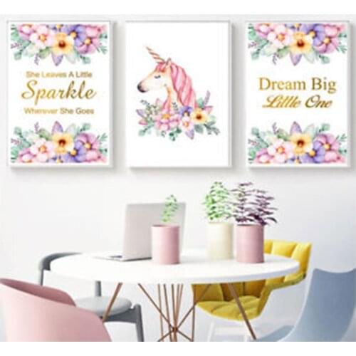 Nordic Modern Flower Purple Garland Unicorn English Background Wall Decorative Painting Quotes Letters Poster Wall Picture