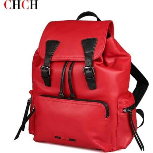 CHCH Large Capacity Women Backpack 100% Genuine Leather Female Travel Bag Schoolbag For Girls Fashion Knapsack Irregular Red