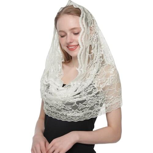 Embroidered Scarf for Church Round Veil Polyester Shawl in Church Spanish Mantilla Lace Floral Solid Color Women Prayer Shawls
