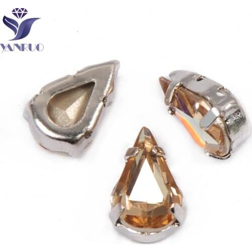 YANRUO 4300 All Sizes Golden Shadow Pear Shaped Sewing Crystals Handicraft Point Back Strass Sewn Rhinestones Gold Stones