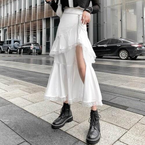A-line Midi Skirt Women Chic Irregular Harajuku Skirt Casual Cool Split Lace Ruffles Skirts Summer Autumn Long Womens Clothing