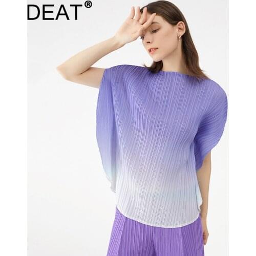 DEAT Woman Pleated T Shirt Gradient Yelow Round Collar Puffl Sleeve Loose Elastic Pullover Casual Style 2021 New Autumn 15XF890