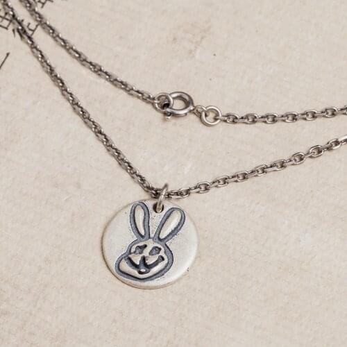 925 Sterling Silver Cool Round Shape Animal Smile Rabbit Pendant Retro Vintage Punk Gothic