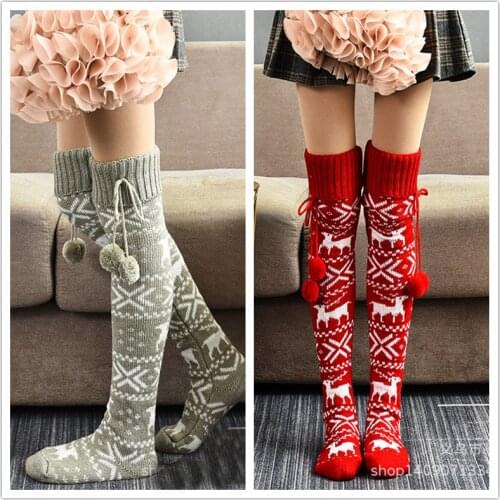 Woman Knitted Knee High Socks Red Christmas Stocking Long Tube Thigh High Socks Leggings for Women Winter Warm Xmas Socks Gifts