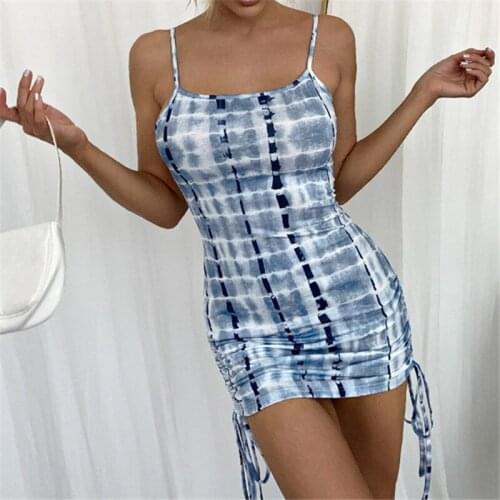 Wsevypo Women’s Tie-dye Suspender Mini Dress Summer Sexy Party Sleeveless Straps Skinny Side Drawstring Ruched Short Dress