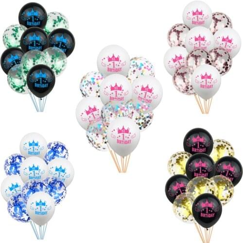 10pcs/lot 12inch Confetti Sequin Balloon Crown Transparent Latex Balloon Set Baby Kids First Birthday Party Supply Decoration