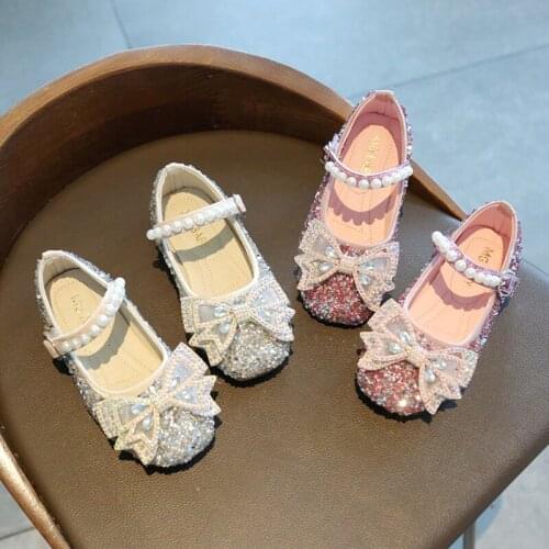 20Childrens Shoes For Girl Spring New Princess Lace Leather Shoes Fashion Cute Bow Rhinestone Wedding Shoes Student Party Dance