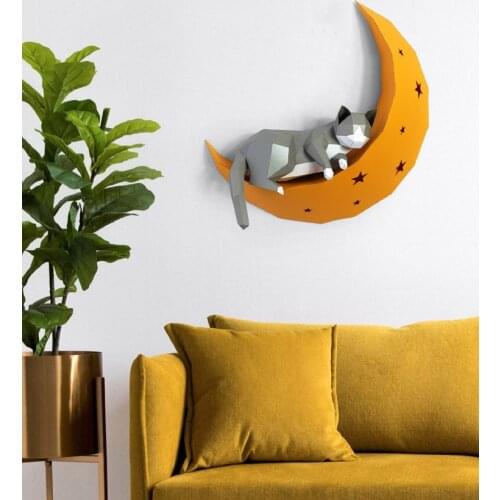 3D Pre-cut Paper Cat On Moon Home Decor Paper Model Animal Wall Art Papercraft