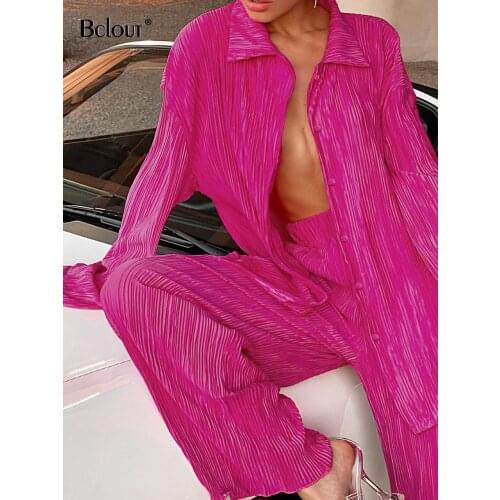 Bclout Orange Pleated Pants Set For Women Vintage Oversize Long Flare Sleeve Shirt High Waist Trousers Two Piece Set 2021 Autumn