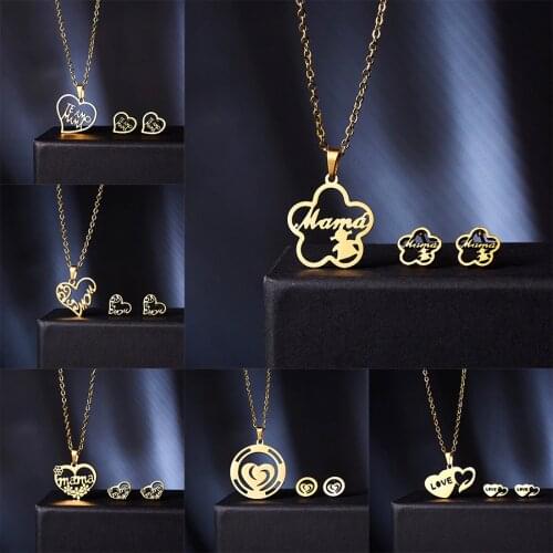 Belleper Stainless Steel Pendant Necklace Earrings Sets Gold Chain Jewelry Set Love Heart Mama Mothers Day Birthday Party Gift