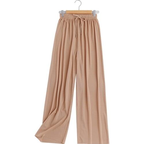 Long Pants Women Summer Wide Leg Pants Cool Rayon Loose Drawstring Solid Soft Trousers Fashion Casual Sweatpants Big Size