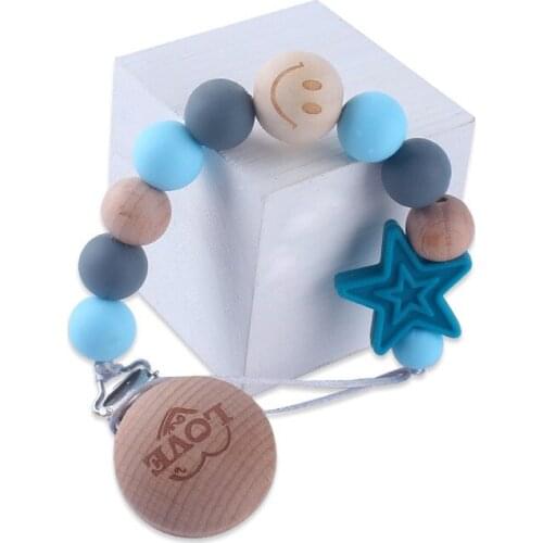 Wooden Baby Pacifier Clip Chains Five Stars Beads Silicone Beads Pacifier Holder Newborn Silicone Teether Toy Leash Strap Holder
